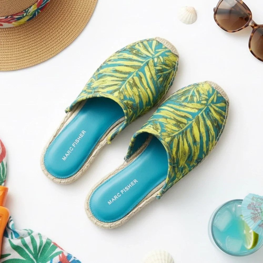 Marc Fisher Palm Leaf Slip On Jute Espadrille Size 9.5M Summer Resort Vacation